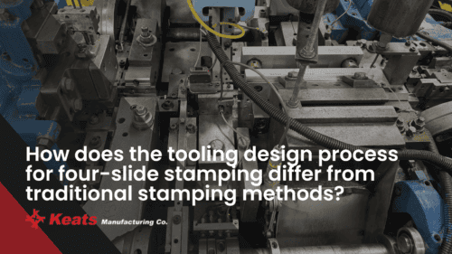 Close-up of a four-slide stamping machine used in manufacturing processes.