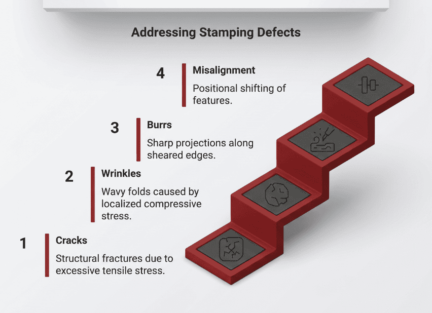 Diagram showing types of stamping defects including cracks, wrinkles, burrs, and misalignment.