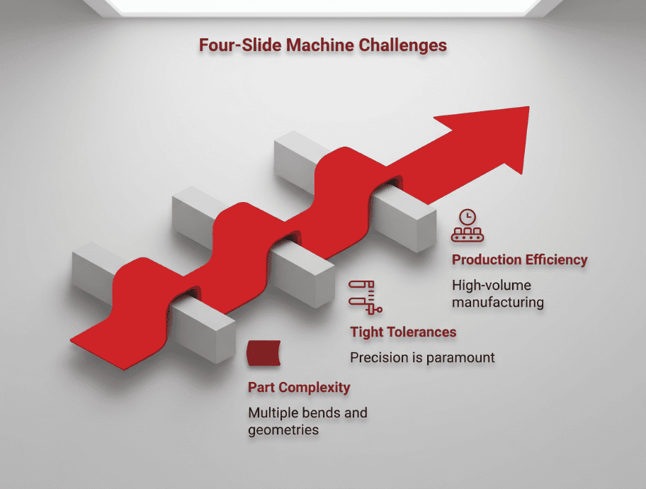 Keats Manufacturing four-slide machine challenges infographic with arrows and icons.