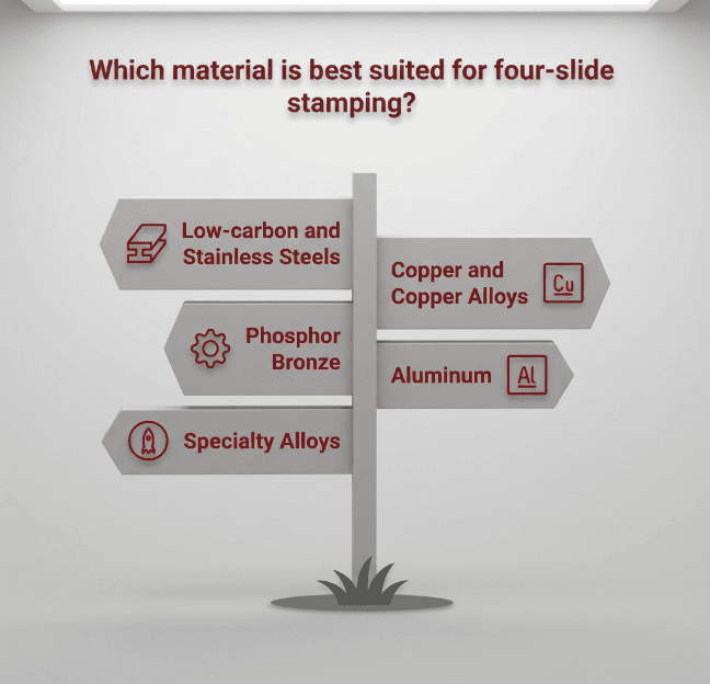 Material options for four-slide stamping including steels, alloys, and specialized materials.